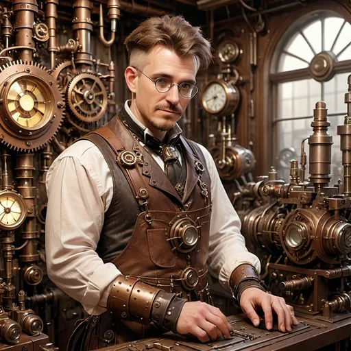 Prompt: (male artificer), intricate steampunk gear, tools and gadgets, focused expression, ornate workshop setting, warm vintage tones, soft ambient lighting, detailed background with blueprints and mechanical contraptions, cinematic depth, (highly skilled craftsman), attention to detail, wearing a leather apron, inventive atmosphere, (4K quality), ultra-detailed craftsmanship.