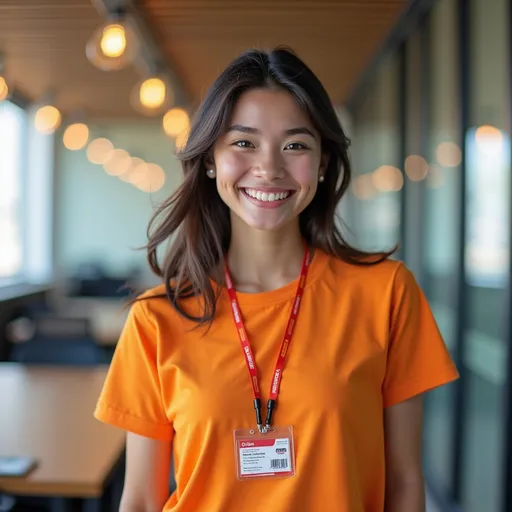 Prompt: Smile Office Girl, Orange T Shirt wth Lanyard & ID Card, Zillion Advertising & Printing Group Logo