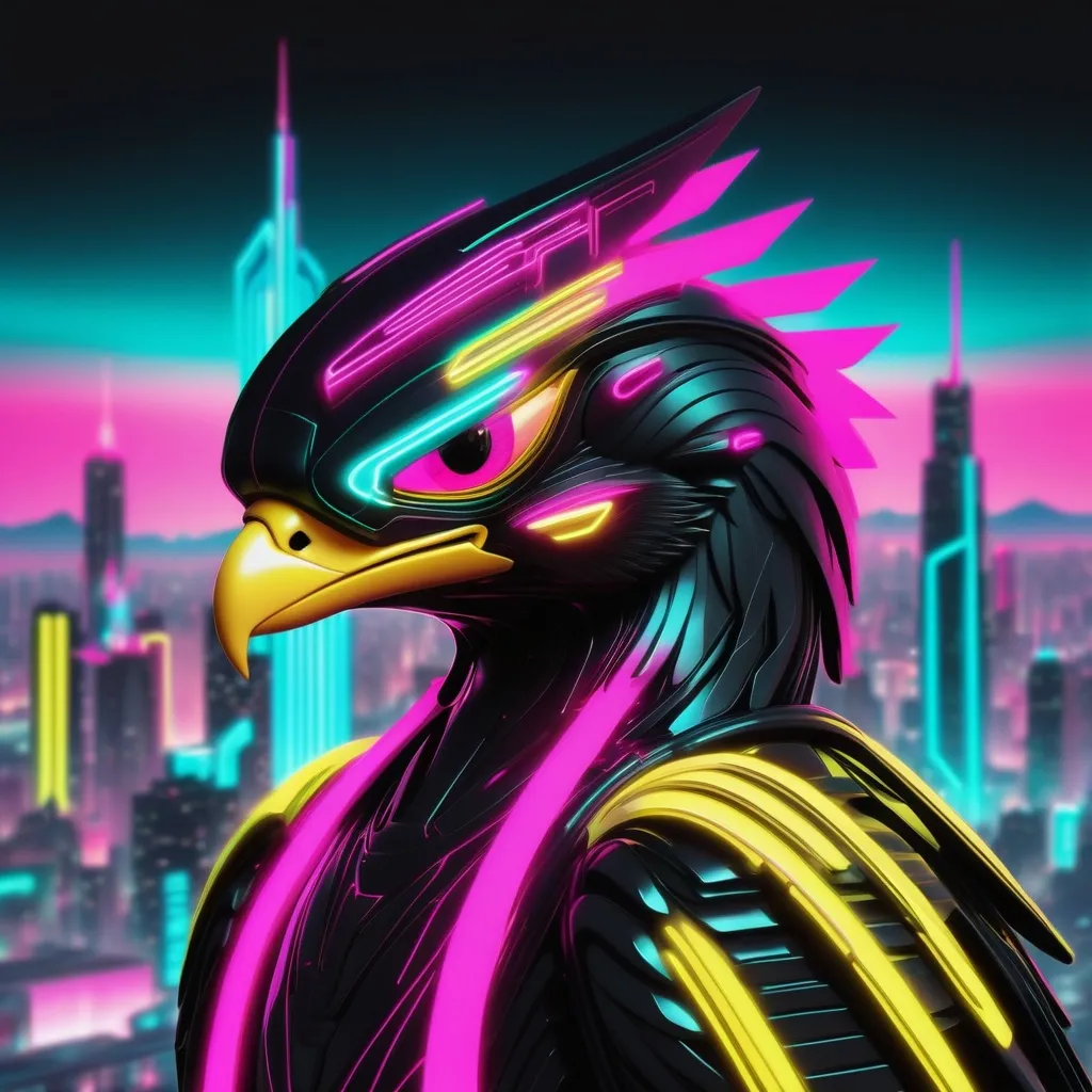 Prompt: aesthetic random retrowave design featuring bright pink, neon teal, and electric yellow outlined by a thick black line futuristic metallic cyber falcon in a photo realistic futuristic cityscape