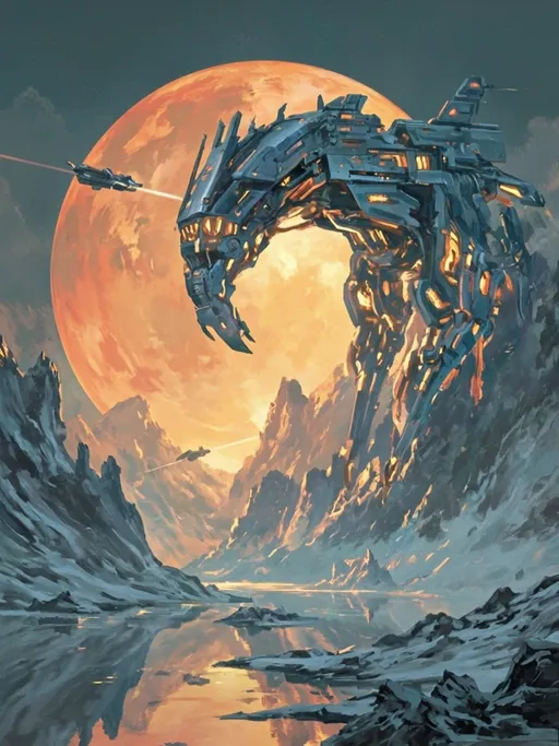 Prompt: A colossal, futuristic, dark blue and gold-lit mechanical structure resembling a fortified city emerges from a fragmented, mountainous landscape floating over a dark abyss. This imposing structure is adorned with illuminated windows and intricate details, suggesting advanced technology. A spherical, fiery planet with shades of orange and red dominates the background, casting a warm glow upon the scene. Two sleek, metallic, spacecraft are shown mid-flight, one emitting a beam of energy, adding dynamic energy to the composition. The foreground depicts an island with jagged edges that are mirrored by the reflection on the water’s surface, beneath the main structure. A soft, vibrant color palette including dark blues, oranges, and golds creates a dramatic and dynamic atmosphere. Rendered in a digital art style, with bold lines and a focus on form and color, the scene radiates a sci-fi atmosphere and mystery. --ar 1:1 --q 2 --s 750