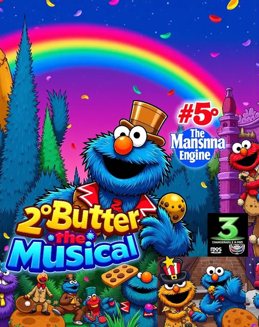 Prompt: 2 o' butter fun with dad on the mantanna engine  2 o' butter with dad on the mantanna engine

2 o' butter fun with dad on the mantanna engine

2 o' butter fun with dad on the mantanna engine

Colorful promotional poster for "2 o' Butter the Musical" DVD, featuring Cookie Monster in a light beige tuxedo, holding a golden microphone, and a celebratory expression,  with confetti and various shapes in the background.  Grid layout showcasing multiple character images from the show.  Cookie Monster in the central image, with exaggerated body language, a light beige tuxedo,  blue, plush fur, large orange nose, and black eyes;  he's wearing a top hat, and his pose suggests excitement and joy, arms raised,  making him the focal point.  Other Cookie Monster characters in the surrounding panels, wearing a captain's hat, a crown,  and a striped/multicolor suit,  are shown in static poses. The background features vibrant colors: yellow, green, ruby red and blue.  The style is cartoonish and child-friendly,  with a cheerful, enthusiastic mood.  The overall composition is clean and easy to understand.  Graphic elements like the "5" in a bold green circle and the text "New to DVD Episodes!"  are prominent. The poster communicates a clear message about the product being a children's educational DVD.  Cartoon style, child friendly, bright colors, flat shading.

Positioned as if suggesting a hallucinogenic storyline bridging impossible reality's to portray to character's that appear to 2 o' butter for instance this generation is about putting cinnamon sugar on toast and buttering a piece of toast while somebody hold's they're hand's on they're side saying "oh no he didn't" by visual portrayal