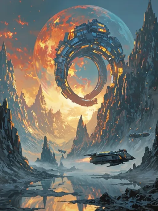 Prompt: A colossal, futuristic, dark blue and gold-lit mechanical structure resembling a fortified city emerges from a fragmented, mountainous landscape floating over a dark abyss. This imposing structure is adorned with illuminated windows and intricate details, suggesting advanced technology. A spherical, fiery planet with shades of orange and red dominates the background, casting a warm glow upon the scene. Two sleek, metallic, spacecraft are shown mid-flight, one emitting a beam of energy, adding dynamic energy to the composition. The foreground depicts an island with jagged edges that are mirrored by the reflection on the water’s surface, beneath the main structure. A soft, vibrant color palette including dark blues, oranges, and golds creates a dramatic and dynamic atmosphere. Rendered in a digital art style, with bold lines and a focus on form and color, the scene radiates a sci-fi atmosphere and mystery. --ar 1:1 --q 2 --s 750