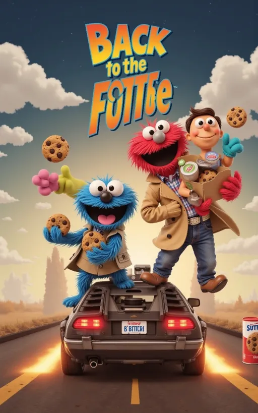 Prompt: 2 o' butter sillyness   

2 o' butter fun with dad on the mantanna engine  

Create a dynamic, vibrant movie poster that merges the iconic sci-fi adventure theme of "Back to the Future" with the playful, colorful charm of "Follin's and the Butter." The scene features a stylized DeLorean car, glowing with fiery tire tracks on the ground, emitting a bright, futuristic light from its gull-wing door. Next to the car stands a young man in 1980s casual attire—denim jeans, a puffy vest, and a checkered shirt—checking his wristwatch with a surprised expression, embodying the urgency and time-travel motif of the original film.

Incorporate two adorable, fuzzy puppet characters reminiscent of beloved children's show monsters: one blue and one red, both with large expressive eyes and wide smiles. The blue character wears a beige trench coat and holds a box filled with chocolate chip cookies, while the red character holds several cookies and has a small pipe emitting whimsical steam. Surround them with floating chocolate chip cookies held by colorful gloved hands, adding a fun and whimsical atmosphere.

The background should blend the dramatic, slightly dark tones of a night sky with the warm, inviting colors of a cozy kitchen or bakery setting, featuring jars of ingredients and a container labeled "Sutter" with the red character’s image on it. Above the scene, prominently display a bold, playful title combining elements of both movies: "Back to the Butter" in large, eye-catching fonts that mix the classic "Back to the Future" style with chunky, cartoonish lettering. The overall composition balances thrilling time-travel adventure with lighthearted, cookie-filled fun, appealing to both nostalgic adults and children.