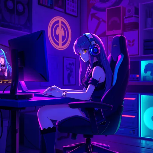 Prompt: goth gamer girl  sitting on computer chair and streaming, room is lighted with rgb lights, manga style