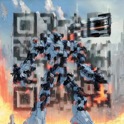 Prompt: masterpiece, best quality, mecha, no humans, black armor, blue eyes, science fiction, fire, laser canon beam, war, conflict, destroyed city background