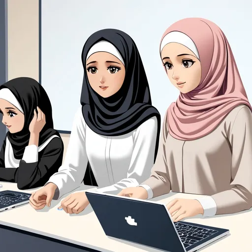 Prompt: دختر محجبه در حال تدریس هوش مصنوعی به دانشجویان دختر محجبه