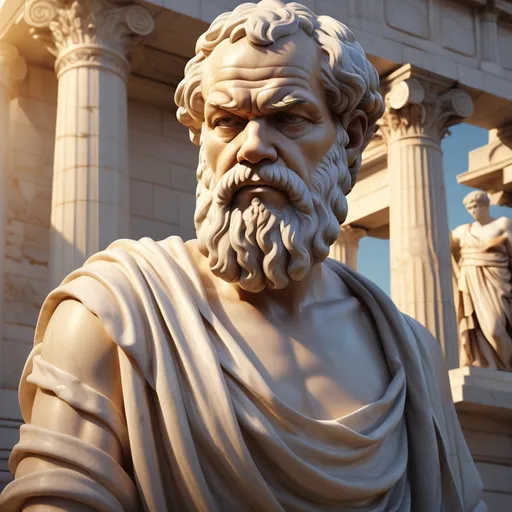 Prompt: (socrates concept), ancient Greek philosopher, deep in thought, contemplative expression, classical robes draped elegantly, idealized marble bust style, warm golden light illuminating features, atmospheric Greek city in the background, tranquil ambiance, detailed stone architecture, ultra-detailed, lifelike textures, scholarly atmosphere, evoking a sense of wisdom and reflection, 4K quality.