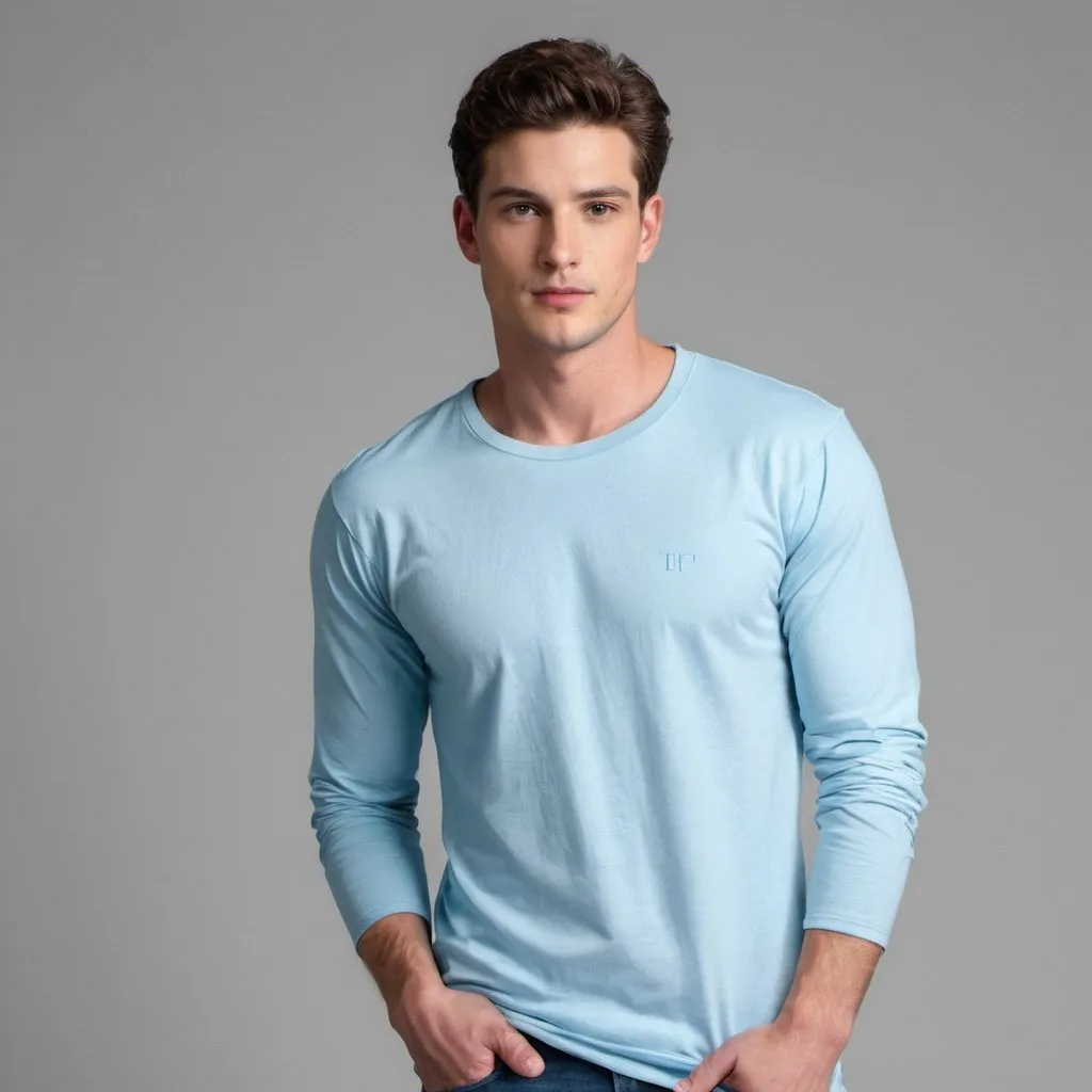 Prompt: American male model wearing light blue full sleeve tshirt
