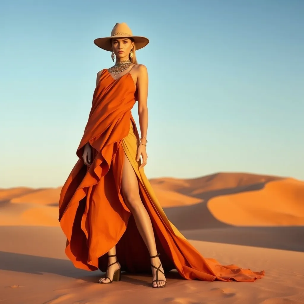 Prompt: Design a bold, avant-garde fashion dress with a desert-inspired theme. The dress should have a dramatic, sculptural silhouette made of lightweight, flowing fabrics that mimic the colors of the desert landscape—shades of warm ochre, deep terracotta, and soft sand. The dress features asymmetrical layers, with one side cascading into a long train that flows like a desert dune. The neckline is high and structured, with a collar made of delicate metal accents resembling the patterns of ancient desert art. The dress is paired with oversized statement earrings, a wide-brimmed hat, and strappy gladiator sandals. For the photoshoot, the scene is set in an expansive desert with golden sand dunes and a clear blue sky. The lighting should be golden hour, casting a warm, glowing light over the model, who stands tall, exuding strength and grace against the vast, arid landscape.






