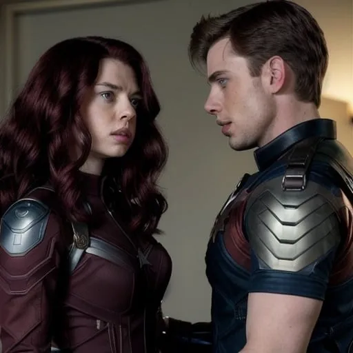 Prompt: Bucky Barnes and Steve Rogers in a polyamorous relationship with a Curly, burgundy haired skinny woman 