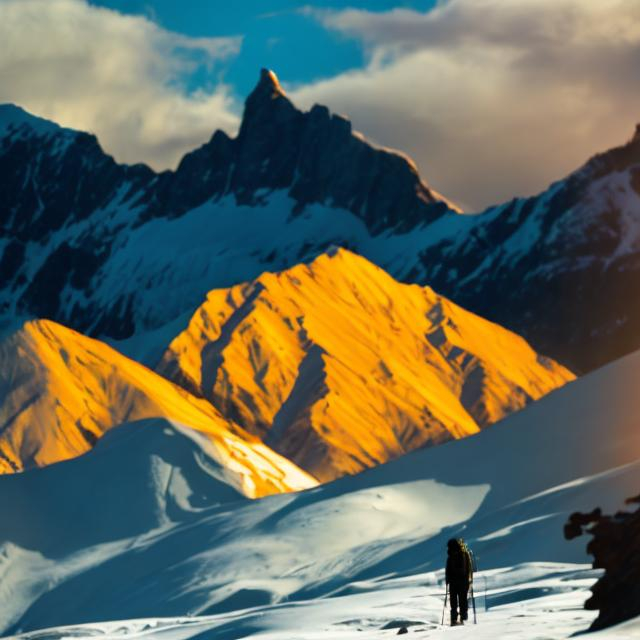 Prompt: a silhouette trekker in foreground with snow mountain in background