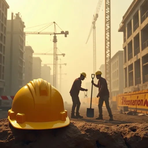 Prompt: Against a backdrop of construction activity, a vibrant yellow hard hat sits prominently in the foreground, symbolizing safety and diligence on a work site. Behind it, two silhouetted figures labor together, one wielding a shovel while the other appears to be communicating, both focused on their task amidst the dusty environment. Towering cranes loom in the distance, busy lifting materials to various building structures that rise from the ground, while construction barriers and a caution sign, reading "Precaución," emphasize the need for safety in this bustling scene. The warm, muted color palette and hazy atmosphere create a sense of hard work and the ongoing transformation occurring in this urban landscape, encapsulating the essence of a dynamic construction site.
