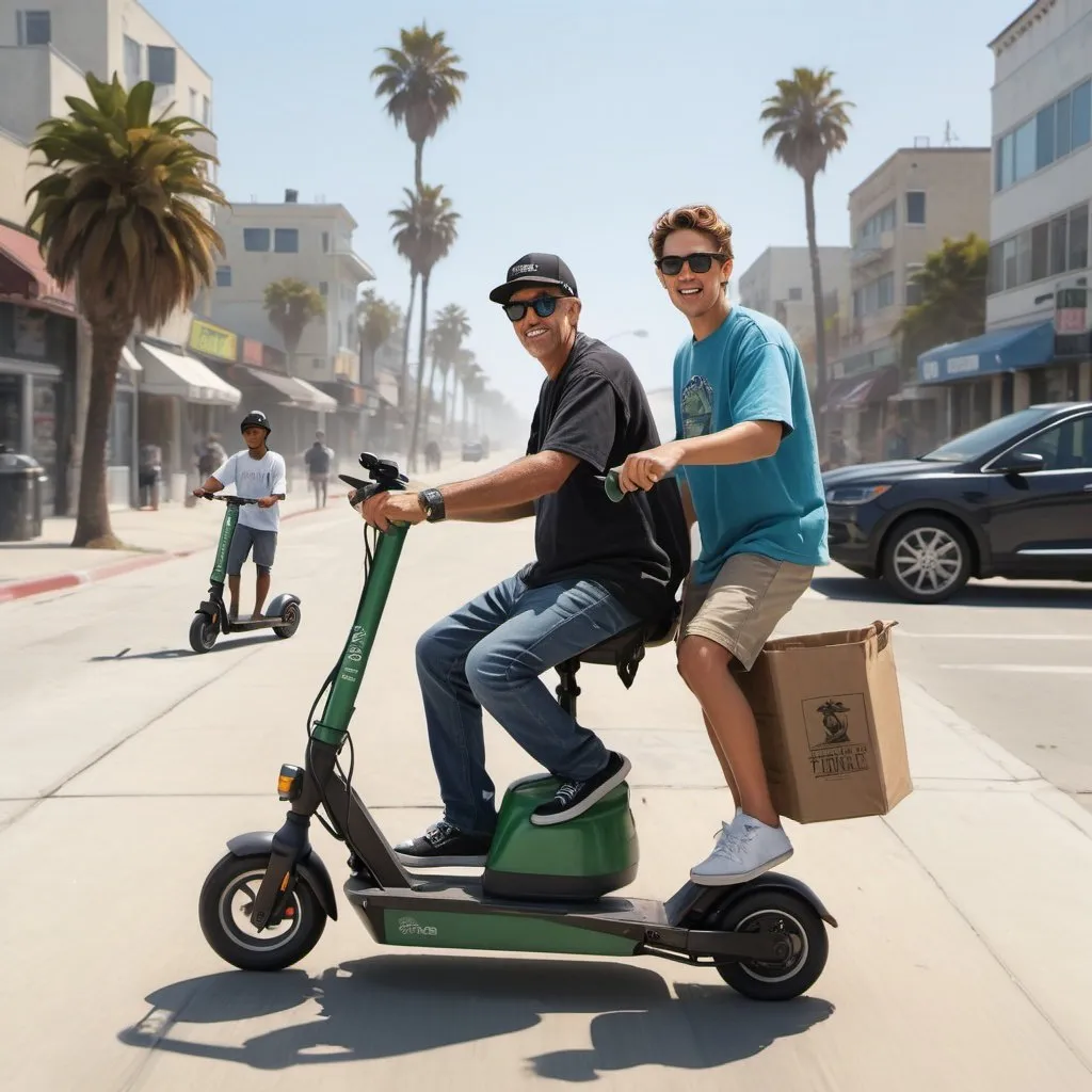 Prompt: Photorealistic image of the Trash Services King of Venice Beach riding electric scooters with his boys