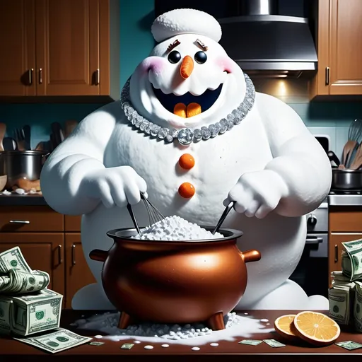 Prompt: (angry snowman) wearing a diamond-covered necklace and diamond-covered watch and pouring baking soda into a cooking pot, surrounded by (abundant stacks of money) scattered everywhere, sleek kitchen background, (vibrant colors), dramatic lighting creating an intense atmosphere, whimsical yet chaotic vibe, detailed facial features on the snowman, expressive angry eyebrows and an exaggerated frown, ultra-detailed, HD.