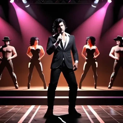Prompt: male dark hair italian  
singer in 3d on a 3d stage show the stage with 4 rock musicians and burlesque dancers in metaverse 