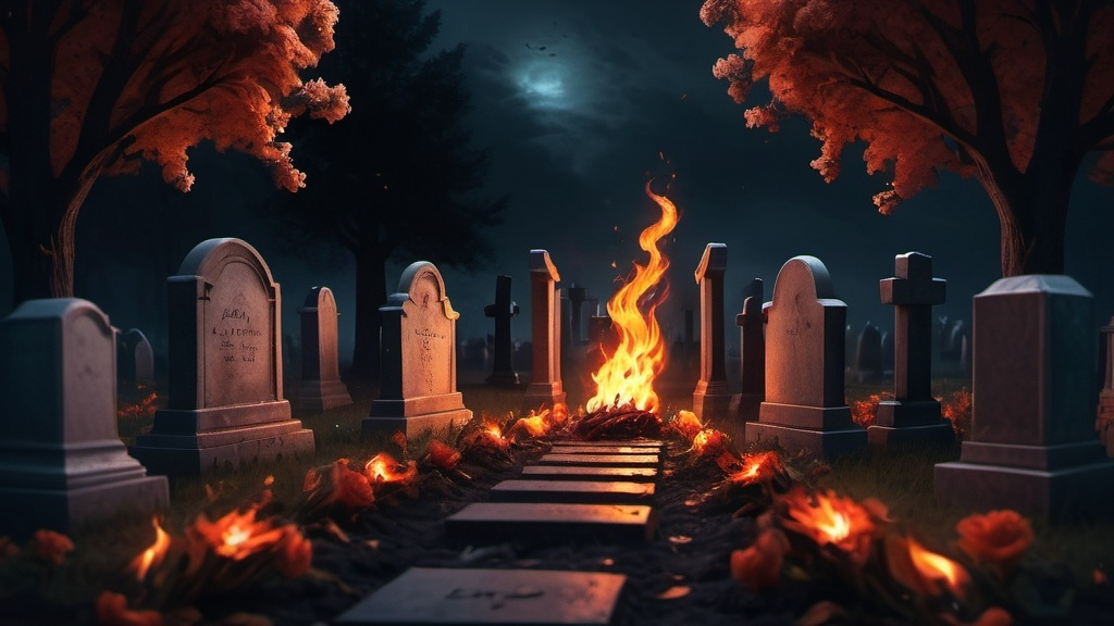 Prompt: Let there be 2 graves, one of them should have fire inside it, and the other one should have beauty in it.
