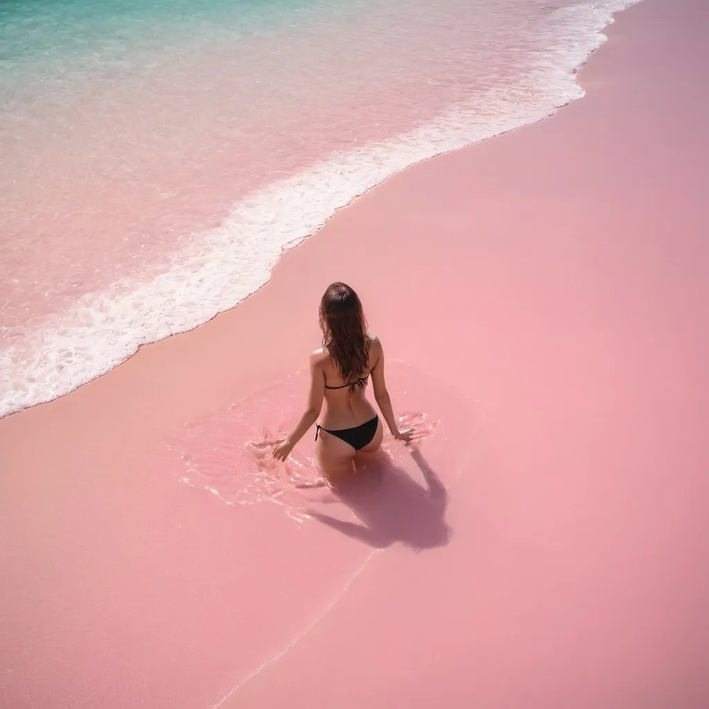 Prompt: Beautiful woman on an idyllic beach, alone, clear water and pink sand 