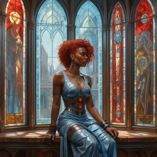 Prompt: a cyberpunk impasto oil painting painting of a copy black woman with stylish red hair, medium length light blue dress with gladiator sandals on, in a room with stained glass windows around her, detailed lighting, Donato Giancola, fantasy art, highly detailed digital painting, a photorealistic painting