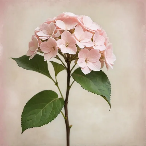 Prompt: one branch of  very pale pink hindrangea with a vanilla textured and paintbrush background