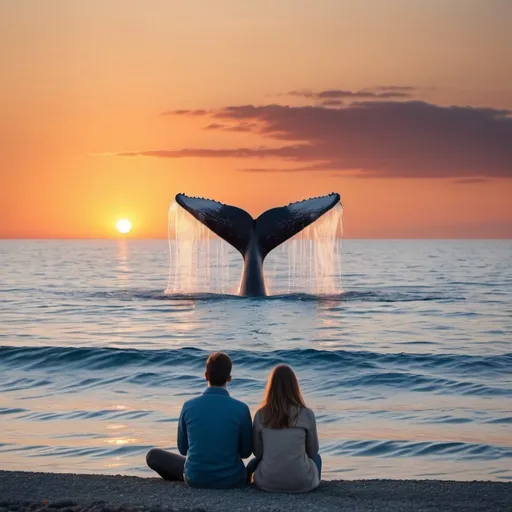 Prompt: young couple seen from behind watching blue sea and a small tale of a whale at sunset with clear skie, photo