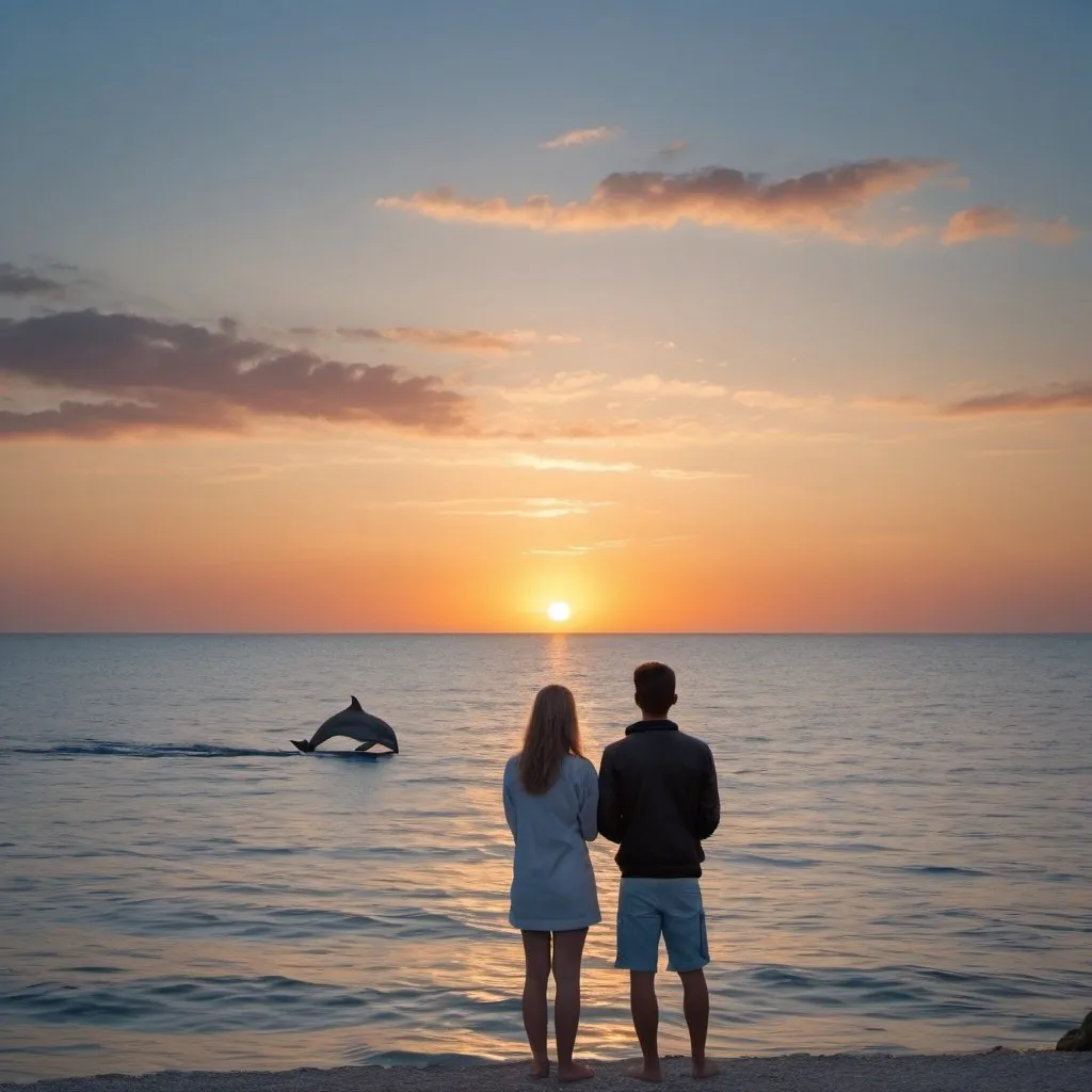 Prompt: young couple seen from behind watching blue sea and a small dolphin  at sunset with clear skie, photo