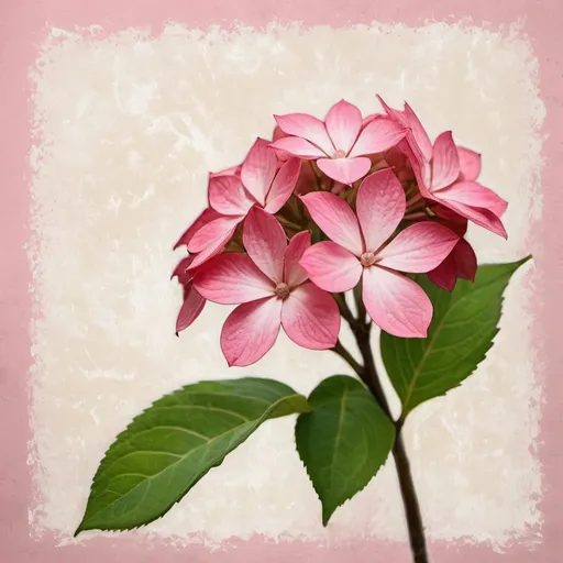 Prompt: one branch of pink hindrangea with a vanilla textured and paintbrush background