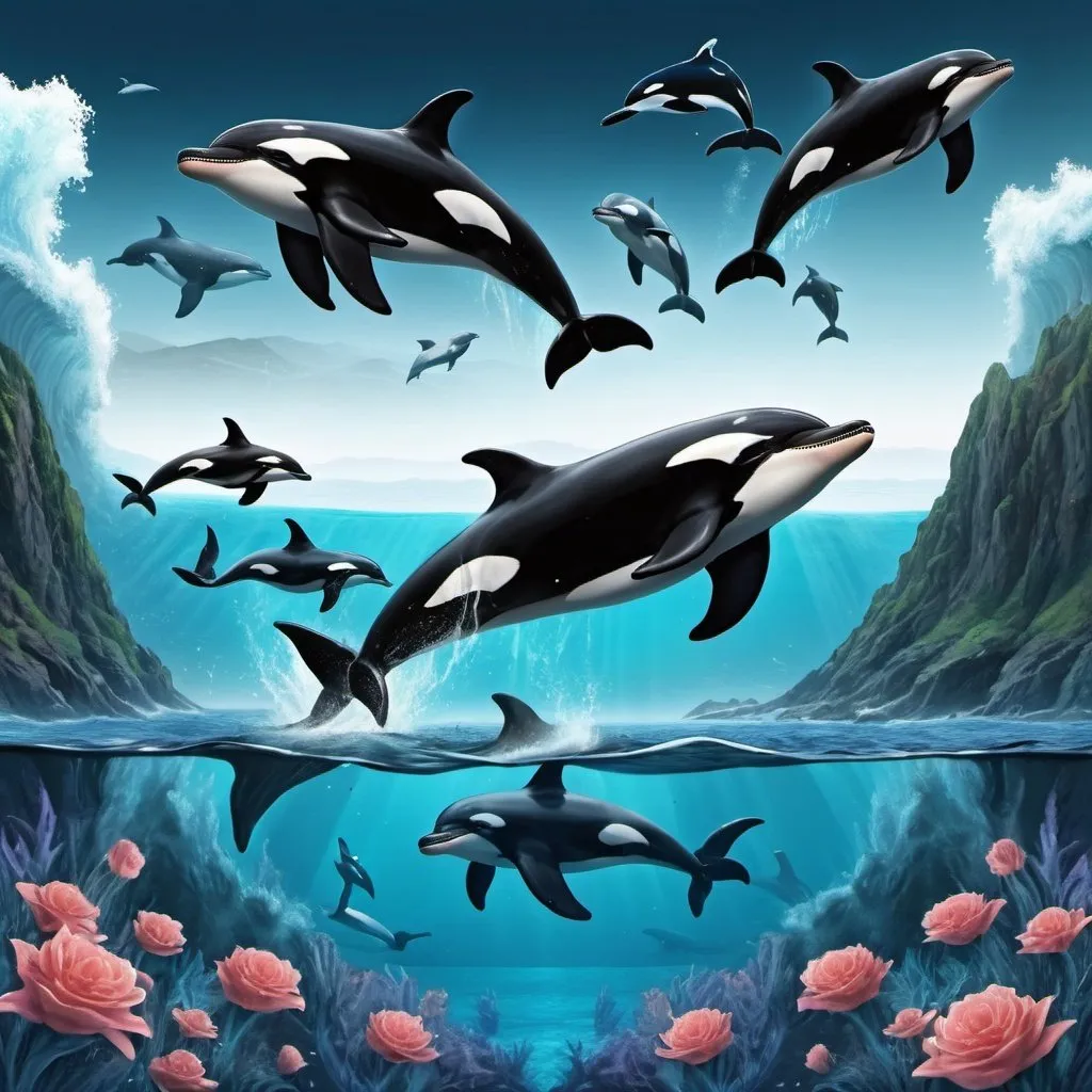 Prompt: fantasy landscape,ocean with orcas and dolphins