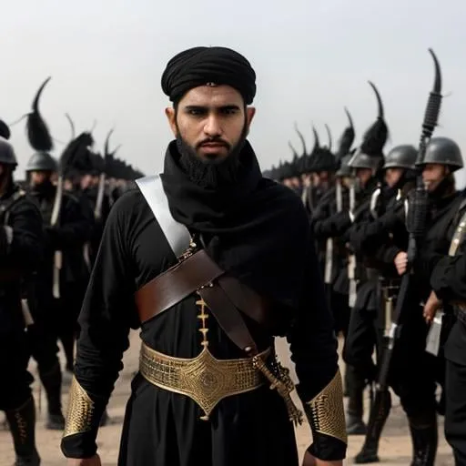 Prompt: A man wearing black islamic battle attire with black scarf standing infront of his army which are wearing like his cloth and carrying up their spears