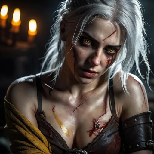 Prompt: Ciri from The Witcher tending to a large wound on her chest, scar over left eye, piercing yellow eyes, dead zombie in the background, bite marks on arm, high quality, realistic, dark fantasy, detailed scars, intense eyes, eerie lighting, ominous atmosphere, sinister color tones, dramatic portrayal