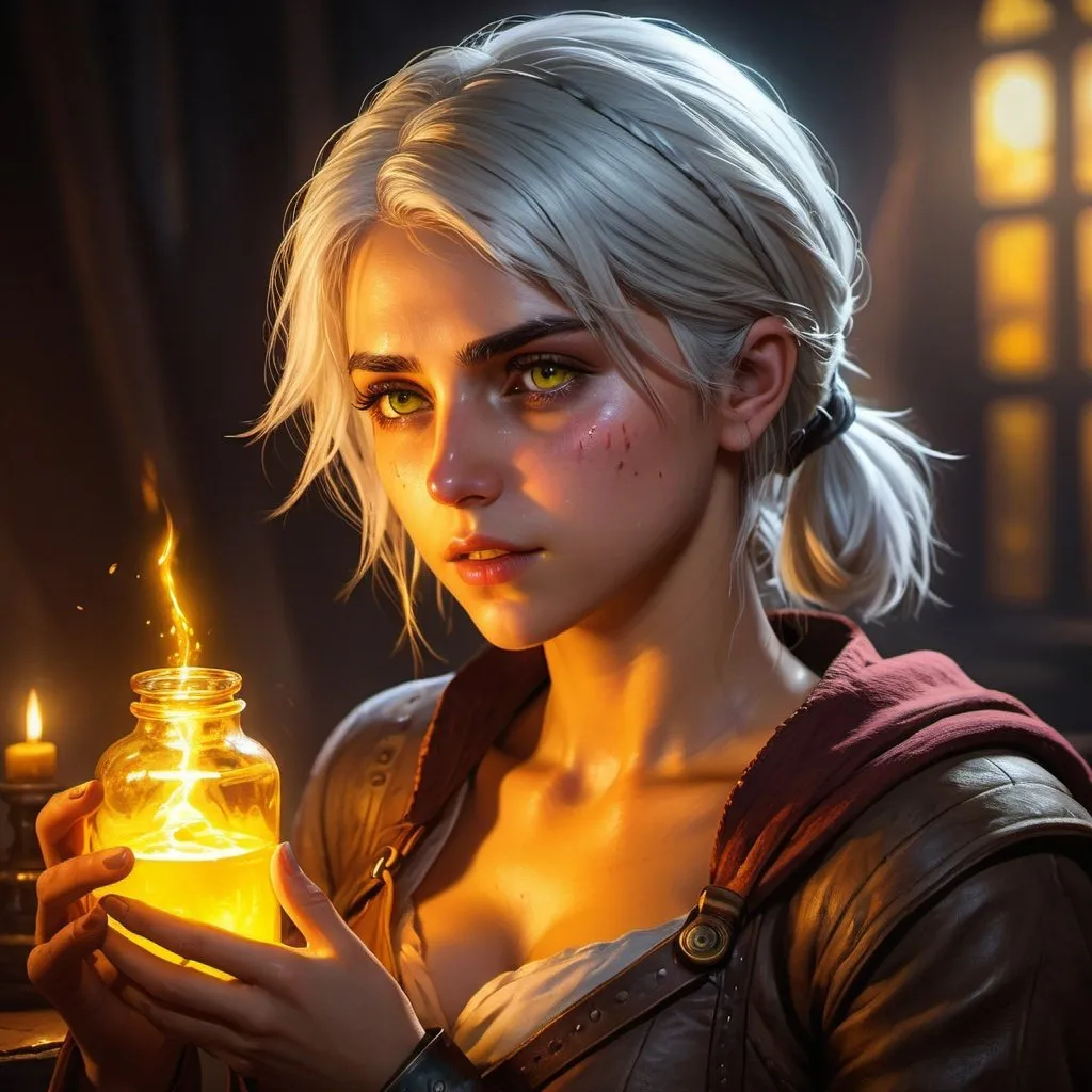 Prompt: Ciri tending to her wounds, glowing healing potion, defeated zombie in the background, yellow eyes, scar over left eye, intense gaze, high-quality illustration, fantasy, detailed eyes, atmospheric lighting, magical tones