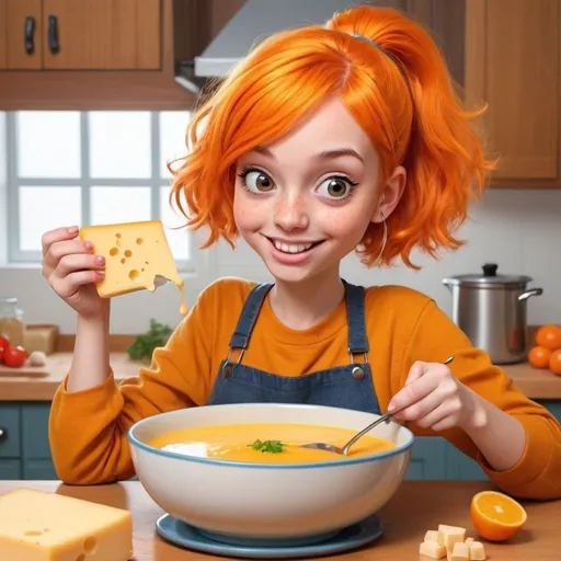 Prompt: create a funny cartoon image of a girl with orange hair preparing cheese soup