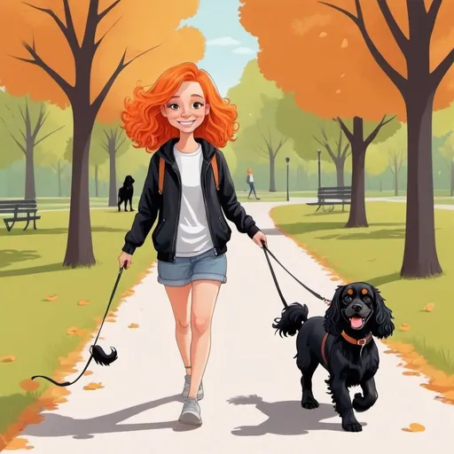 Prompt: create a funny cartoon of a girl with orange hair walking in the park with a black cocker spaniel love harts smile