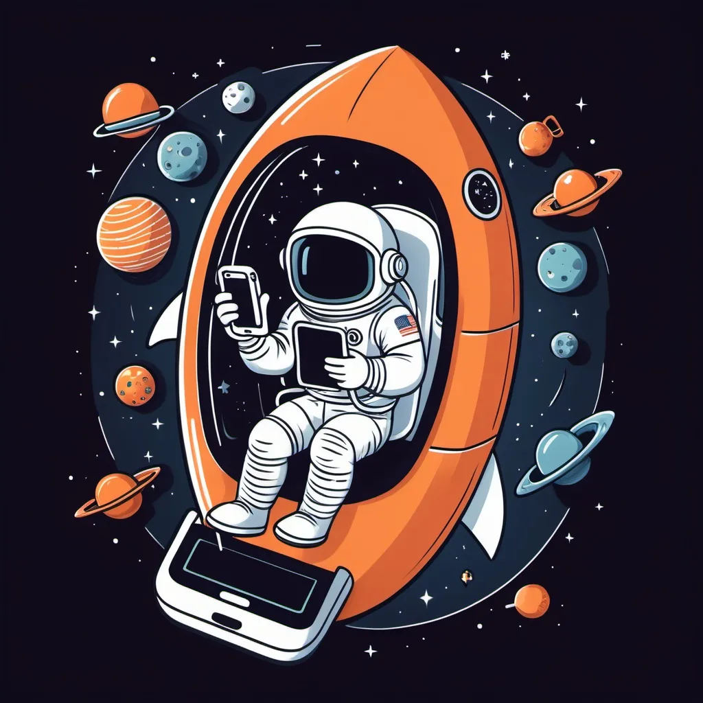 Prompt: A cartoon astronaut inside a rocket ship shaped like a mobile phone.