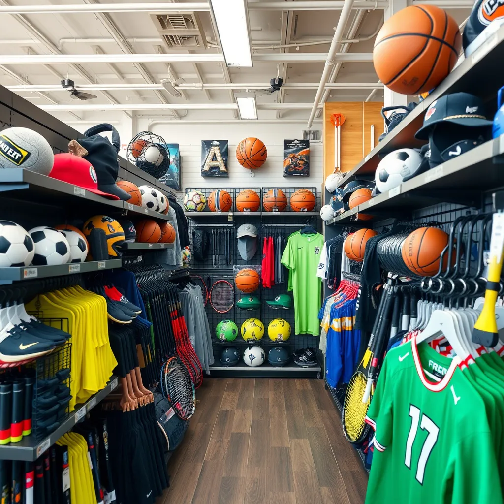 Prompt: inside a sporting goods store featuring baseball, soccer, basketball, tennis, and football equipment