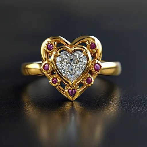 Prompt: A luxurious gold ring with a heart-shaped diamond center and small rubies surrounding it.