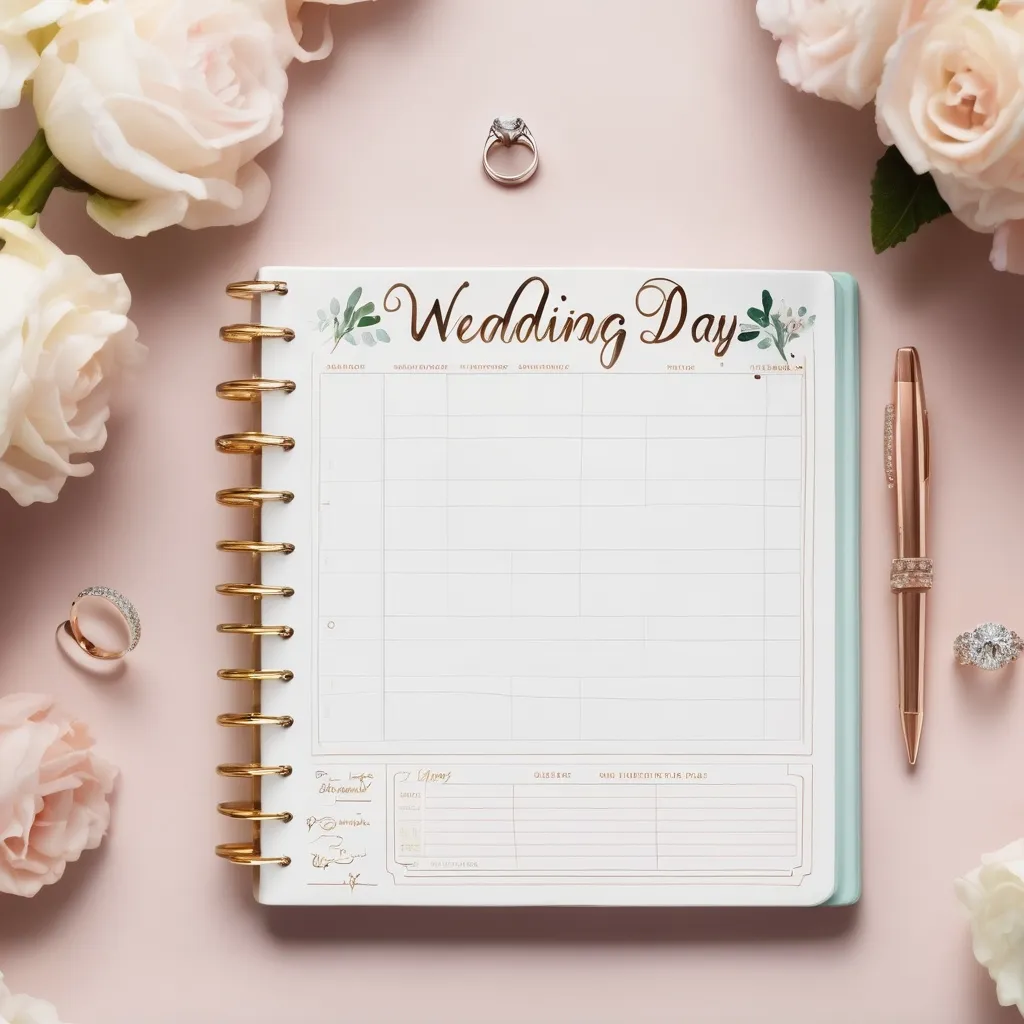 Prompt: a daily planner with scheduled events and a diamond ring laying on it with the words "wedding day" under it