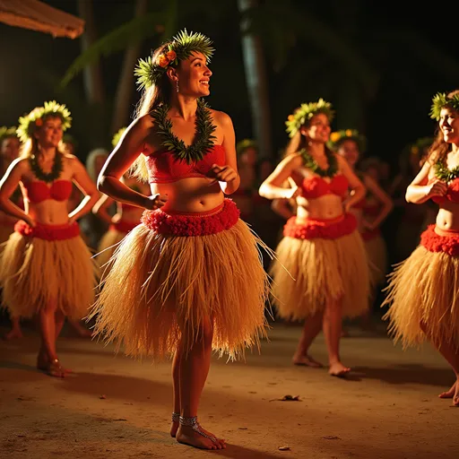 Prompt: Luau with hula dancers and buffet feast