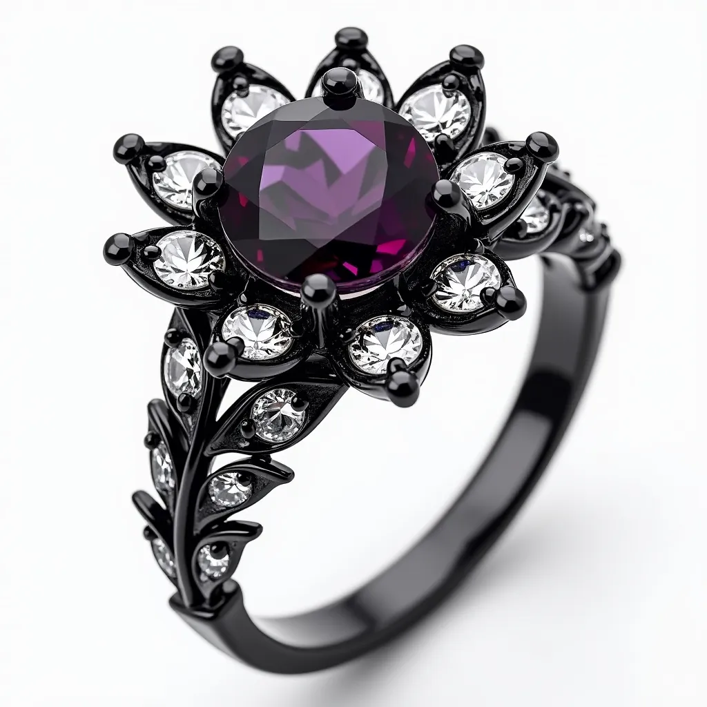 Prompt: A luxurious black gold ring with an dark purple diamond center and clear diamond petals surrounding it- making it look like a flower, silver vines on the band.