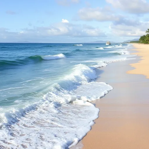 Prompt: ocean waves along a Hawaiian beach