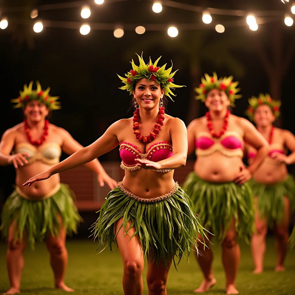 Prompt: Luau with hula dancers and buffet feast