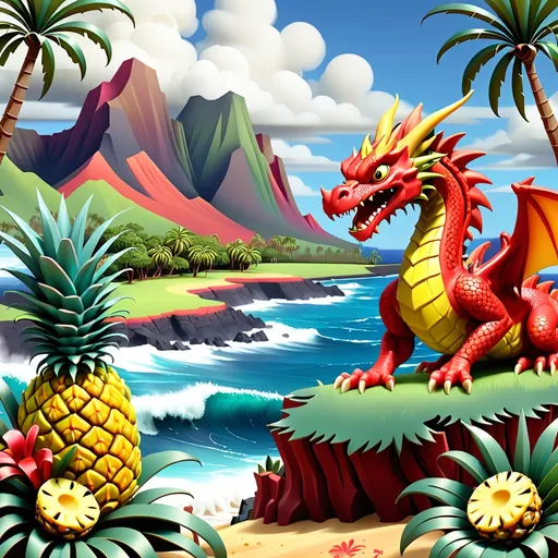 Prompt: Hawaiian landscape with dragons and pineapples