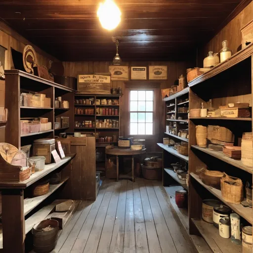 Prompt: inside an old pioneer days general goods store