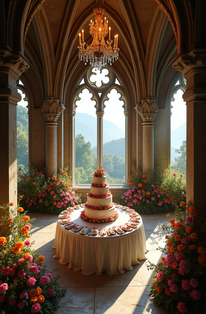 Prompt: The interior of a luxurious Gothic castle with a large dining table and a wedding cake in the center. Chandeliers hang from the high ceilings. Large windows overlook the valley. Colorful flowers flank both sides of the room. 
