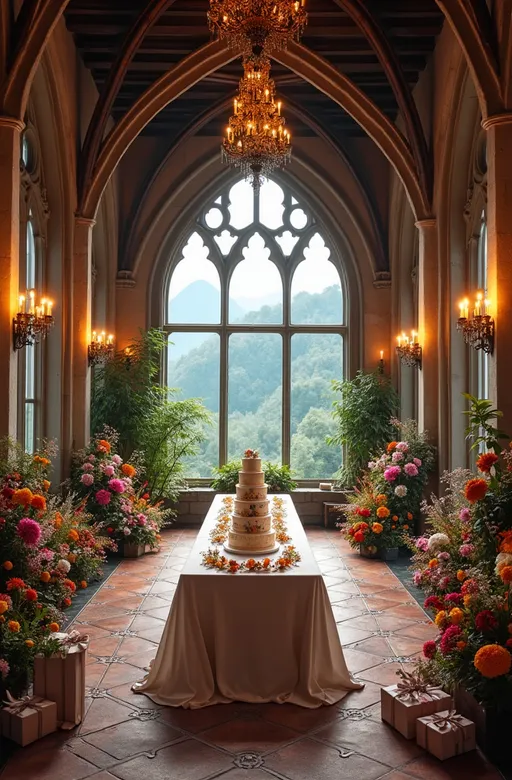 Prompt: The interior of a luxurious Gothic castle with a large dining table and a wedding cake in the center. Chandeliers hang from the high ceilings. Large windows overlook the valley. Colorful flowers and gifts flank both sides of the room. 
