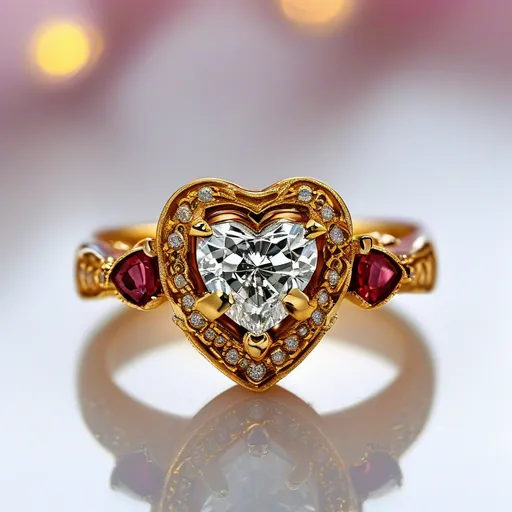 Prompt: A luxurious gold ring with a heart-shaped diamond center and small rubies surrounding it.