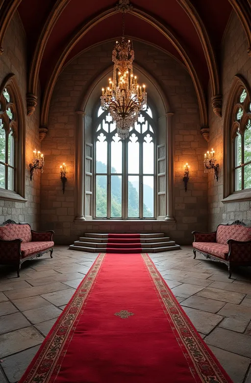 Prompt: The interior of a romantic Gothic castle with a red carpet leading to an altar. Chandeliers hang from the high ceilings. Large windows overlook the valley.
