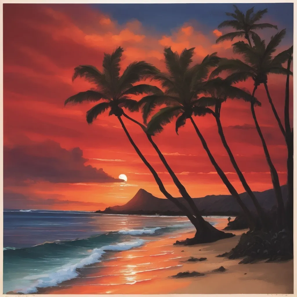 Prompt: Hawaiian Sunset with oranges and reds, include the beach with a Koa tree