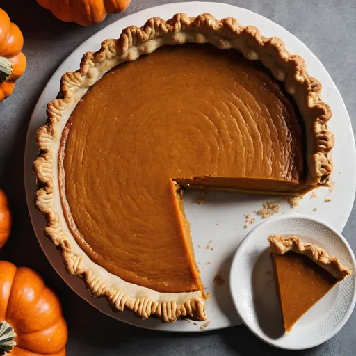 Prompt: one whole pumpkin pie next to a pumpkin