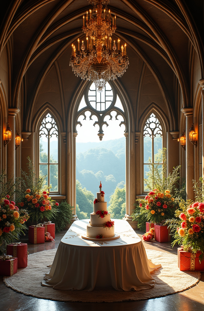 Prompt: The interior of a luxurious Gothic castle with a large dining table and a wedding cake in the center. Chandeliers hang from the high ceilings. Large windows overlook the valley. Colorful flowers and gifts flank both sides of the room. 
