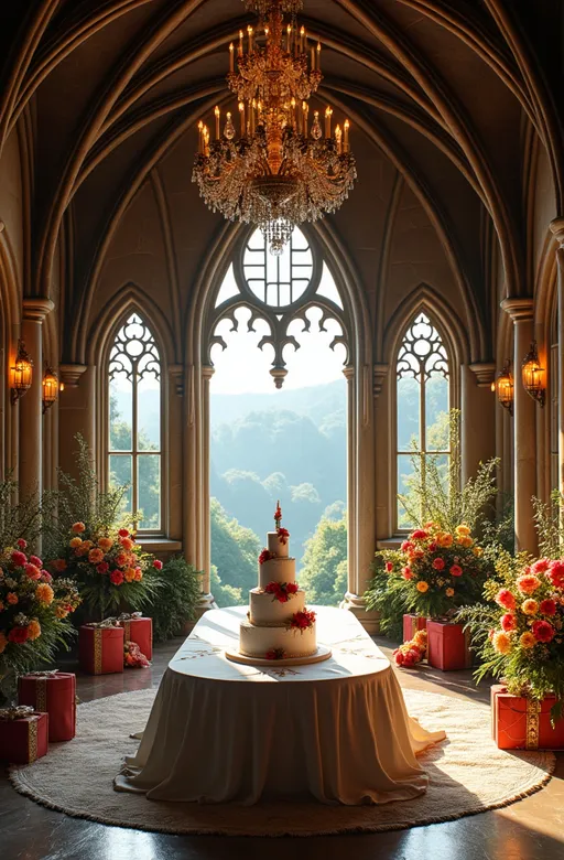 Prompt: The interior of a luxurious Gothic castle with a large dining table and a wedding cake in the center. Chandeliers hang from the high ceilings. Large windows overlook the valley. Colorful flowers and gifts flank both sides of the room. 
